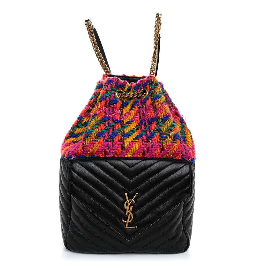 Saint Laurent Tweed Lambskin Matelasse Monogram: Saint Laurent Tweed Lambskin Matelasse Monogram Joe Backpack Black Rosso Multicolor Brand: SAINT LAURENT Condition: Shows Wear Condition Details: Exterior: Corner wear, scuffs, edge wear, Handle: Edge