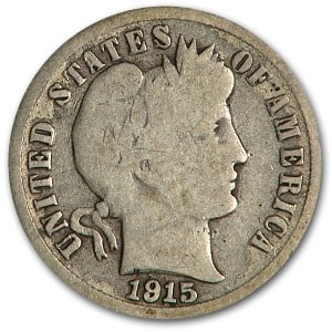 1915-S Barber Dime Good/VG: 1915-S Barber Dime Good/VG Product ID: 14256 Year: 1915 Grade: Good/Very Good Grade Service: None Denomination: 10 Cents Mint Mark: S - San Francisco Metal Content: 0.0715 troy oz