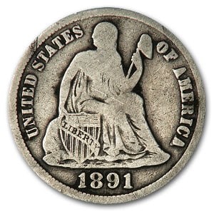 1891-S Liberty Seated Dime Good: 1891-S Liberty Seated Dime Good Product ID: 32721 Year: 1891 Grade: Good Grade Service: None Denomination: 10 Cents Mint Mark: S - San Francisco Metal Content: 0.0715 troy oz Pur