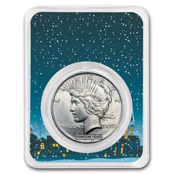 1922-1935 Peace Silver Dollar BU -: 1922-1935 Peace Silver Dollar BU - w/Snowy Village Card Product ID: 195664 Year: Random Grade: Brilliant Unc Grade Service: None Denomination: 1 Dollar Mint Mark: Varies Metal Content: 0.