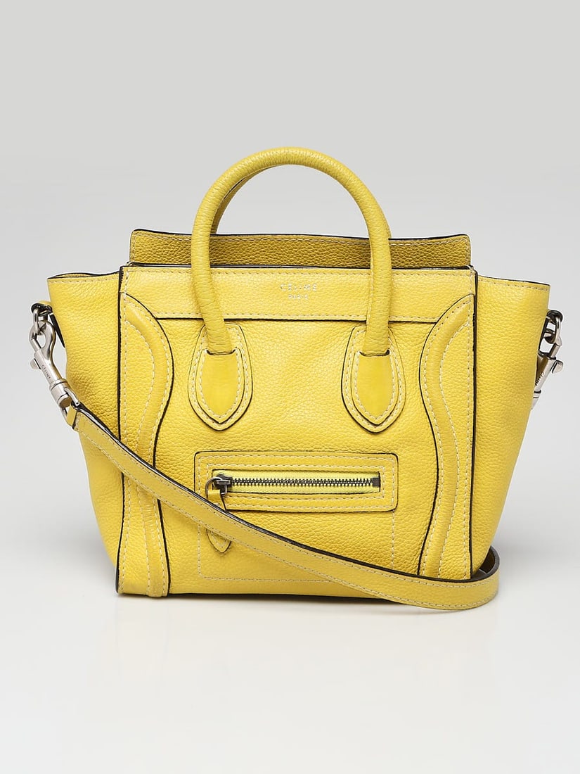 CELINE Yellow Drummed Leather Nano Luggage: CELINE Yellow Drummed Leather Nano Luggage Tote Bag Overall Condition: Gently used Exterior Condition: Gently used Interior Condition: Gently used Designer: Celine Material: Yellow pebbled leather