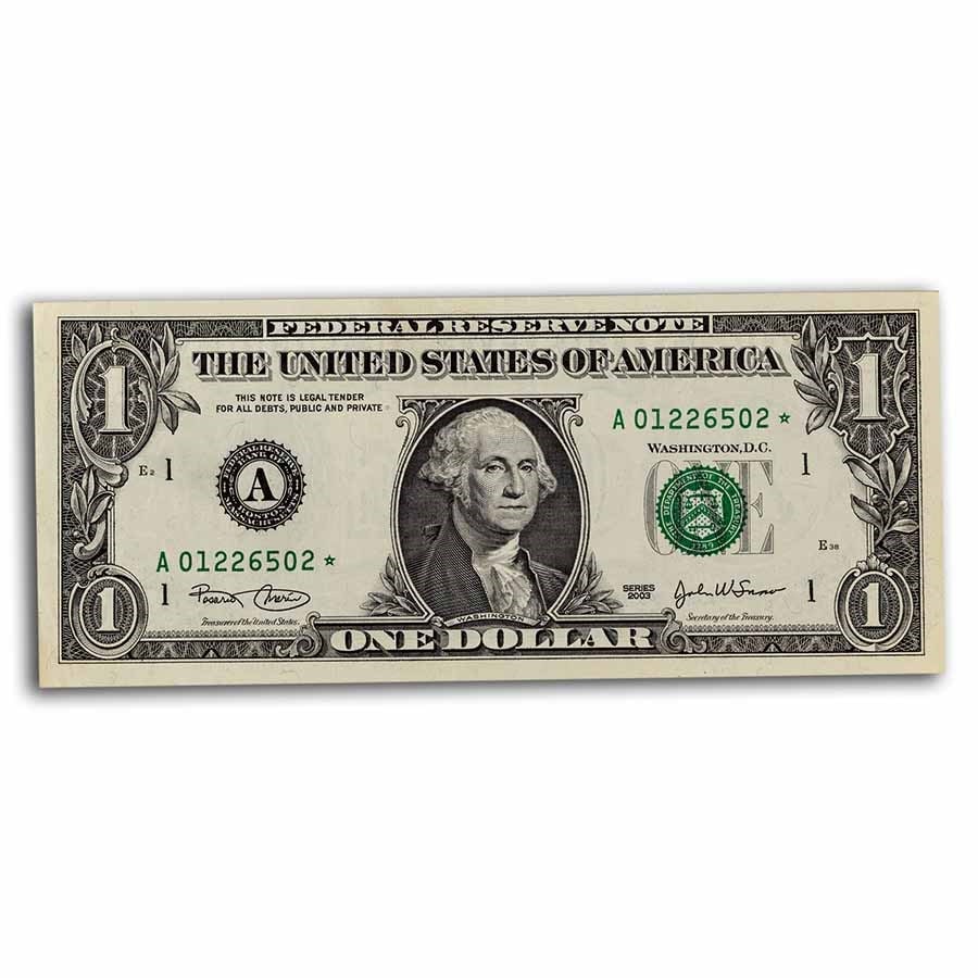 2003* (A-Boston) $1.00 FRN AU (Fr#1928-A*): 2003* (A-Boston) $1.00 FRN AU (Fr#1928-A*) Star Note Product ID: 246608 Year: 2003 Grade: Almost Unc Grade Service: None Denomination: 1 Dollar Mint Mark: A - Boston Metal Content: 0 troy