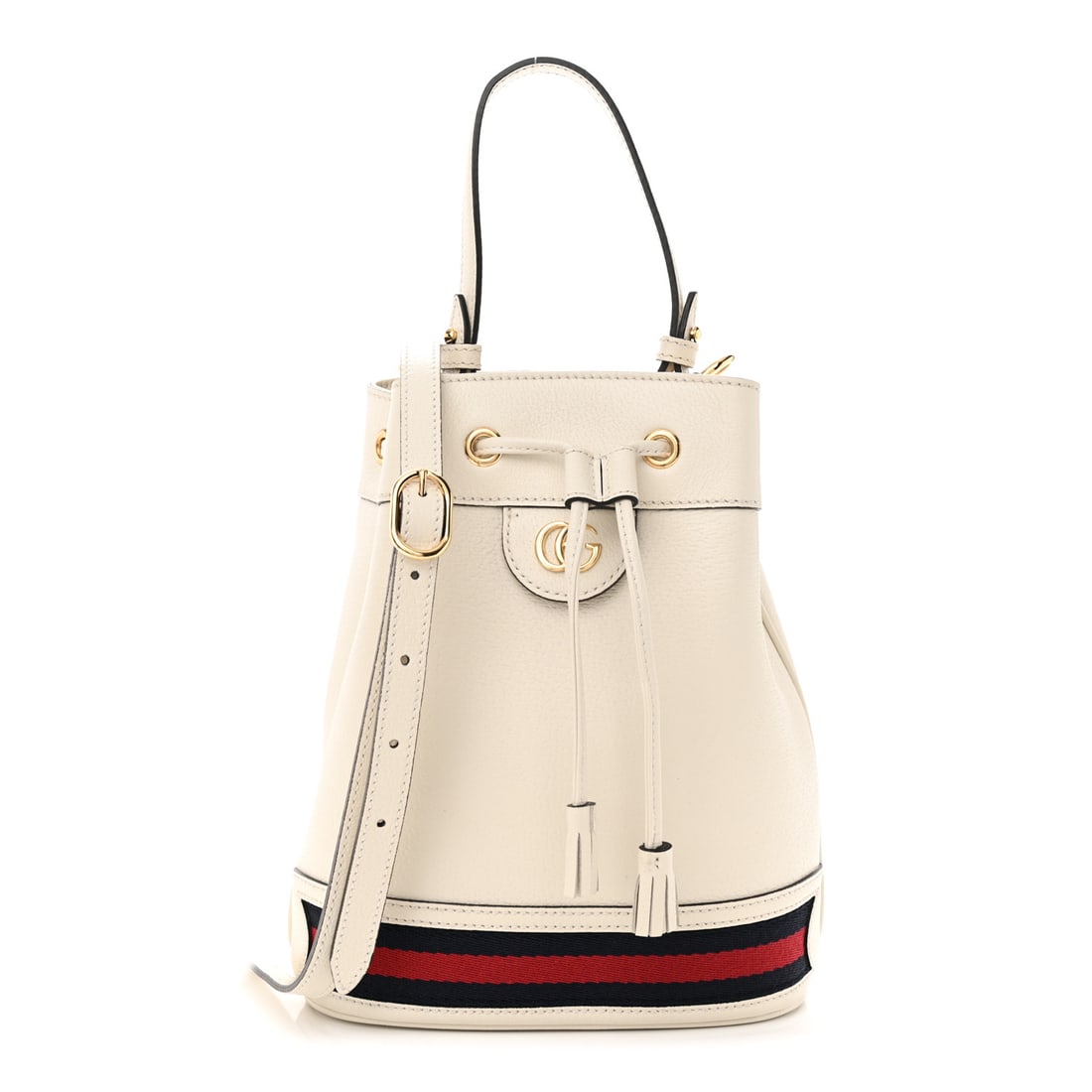 Gucci Glazed Textured Calfskin Web Small: Gucci Glazed Textured Calfskin Web Small Ophidia Bucket Bag Mystic White Brand: GUCCI Condition: Excellent Condition Details: Hardware: Scratch(es), tarnished, Interior: Surface wear, Exterior: Surfac