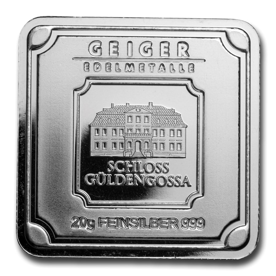 20 gram Silver Bar - Geiger: 20 gram Silver Bar - Geiger Edelmetalle (Original Square Series) Product ID: 155909 Year: N/A Grade: None Grade Service: None Mint Mark: N/A - Not Available Metal Content: 0.643 troy oz P