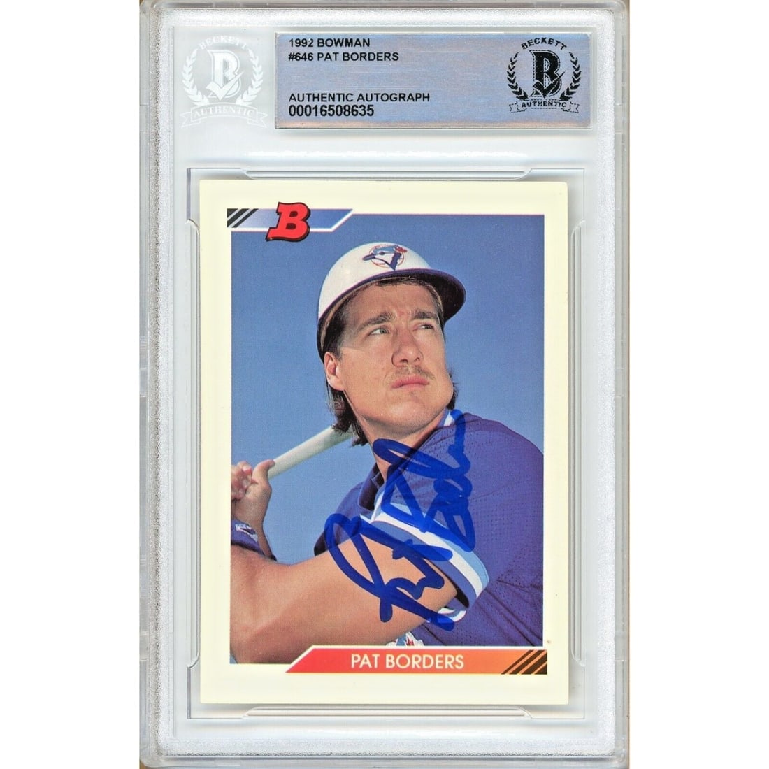 pat borders toronto blue jays signed: pat borders toronto blue jays signed 1992 bowman baseball card beckett auth auto slab This Pat Borders signed 1992 Bowman baseball card is a unique collectible for any fan or collector of the Toronto