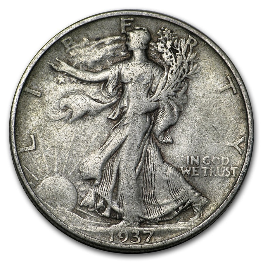 1937-D Walking Liberty Half Dollar VG/VF: 1937-D Walking Liberty Half Dollar VG/VF Product ID: 10044 Year: 1937 Grade: Very Good/Very Fine Grade Service: None Denomination: $0.50 Mint Mark: D - Denver Metal Content: 0.3575 troy o