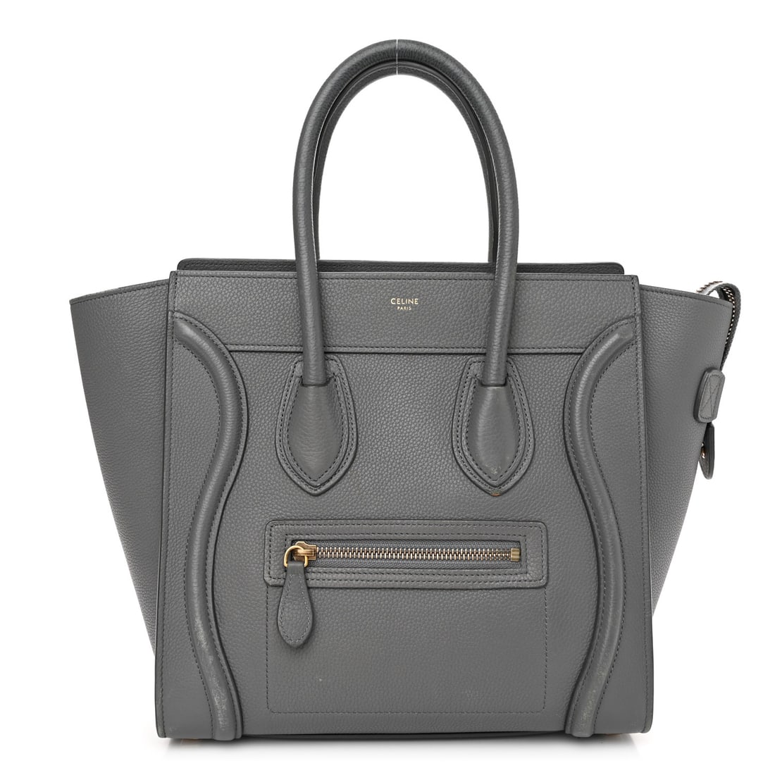 Celine Baby Drummed Calfskin Micro Luggage: Celine Baby Drummed Calfskin Micro Luggage Kohl Brand: CELINE Condition: Shows Wear Condition Details: Exterior: Corner wear, scuffs, faded area(s), edge wear, frayed, surface wear, Handle: Wear at re