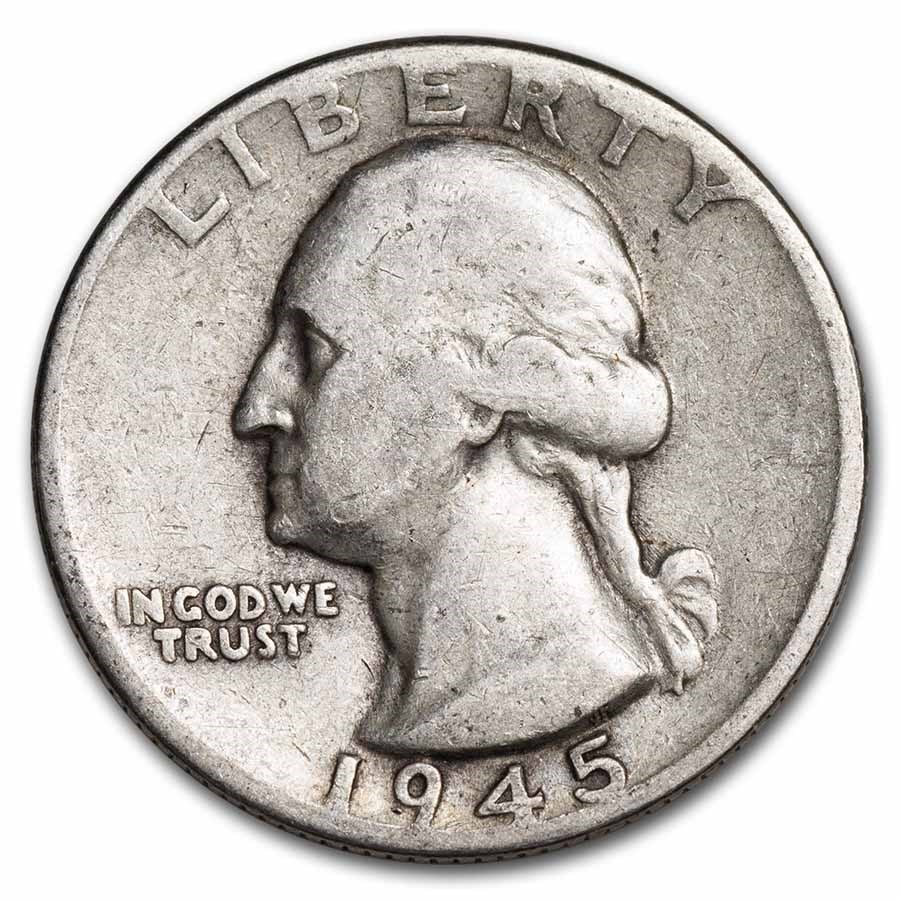 1945-D Washington Quarter Good/XF: 1945-D Washington Quarter Good/XF Product ID: 12384 Year: 1945 Grade: Good or Better Grade Service: None Denomination: 25 Cents Mint Mark: D - Denver Metal Content: 0.1788 troy oz