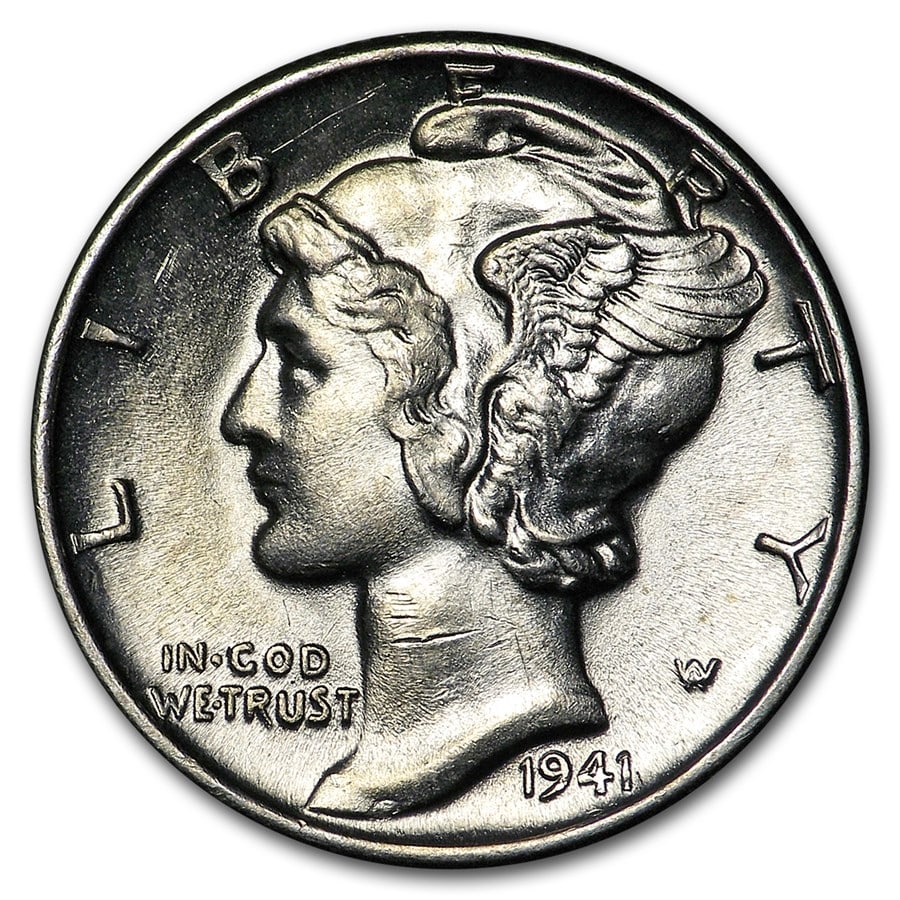 1941 Mercury Dime BU: 1941 Mercury Dime BU Product ID: 52346 Year: 1941 Grade: Brilliant Unc Grade Service: None Denomination: $0.10 Mint Mark: P - Philadelphia (Not Shown) Metal Content: 0.0715 troy oz