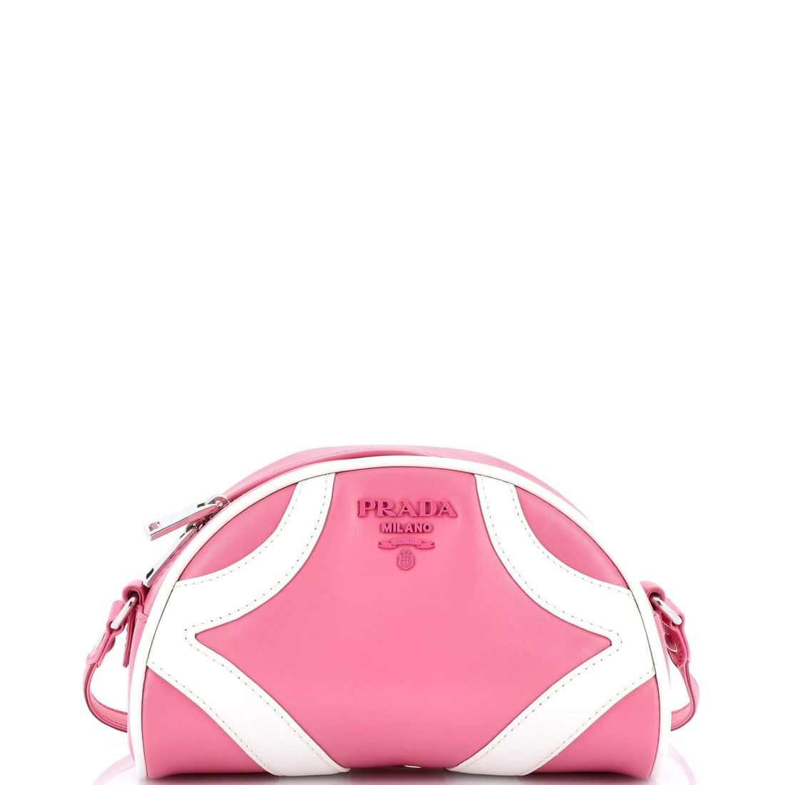 Prada Bowling Crossbody Bag Soft Calf: Prada Bowling Crossbody Bag Soft Calf Small Exterior Color: Pink, White Interior Color: Black Exterior Material: Leather Interior Material: Fabric Hardware Color: Silver Accessories: No Accessorie