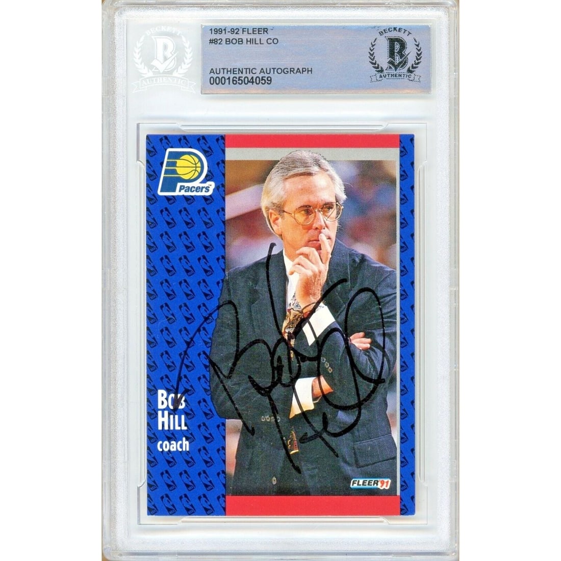 bob hill indiana pacers signed 1991-92: bob hill indiana pacers signed 1991-92 fleer basketball card beckett authentic auto slab The 1991-92 Fleer basketball trading card featuring an autograph from Bob Hill, former head coach for the India