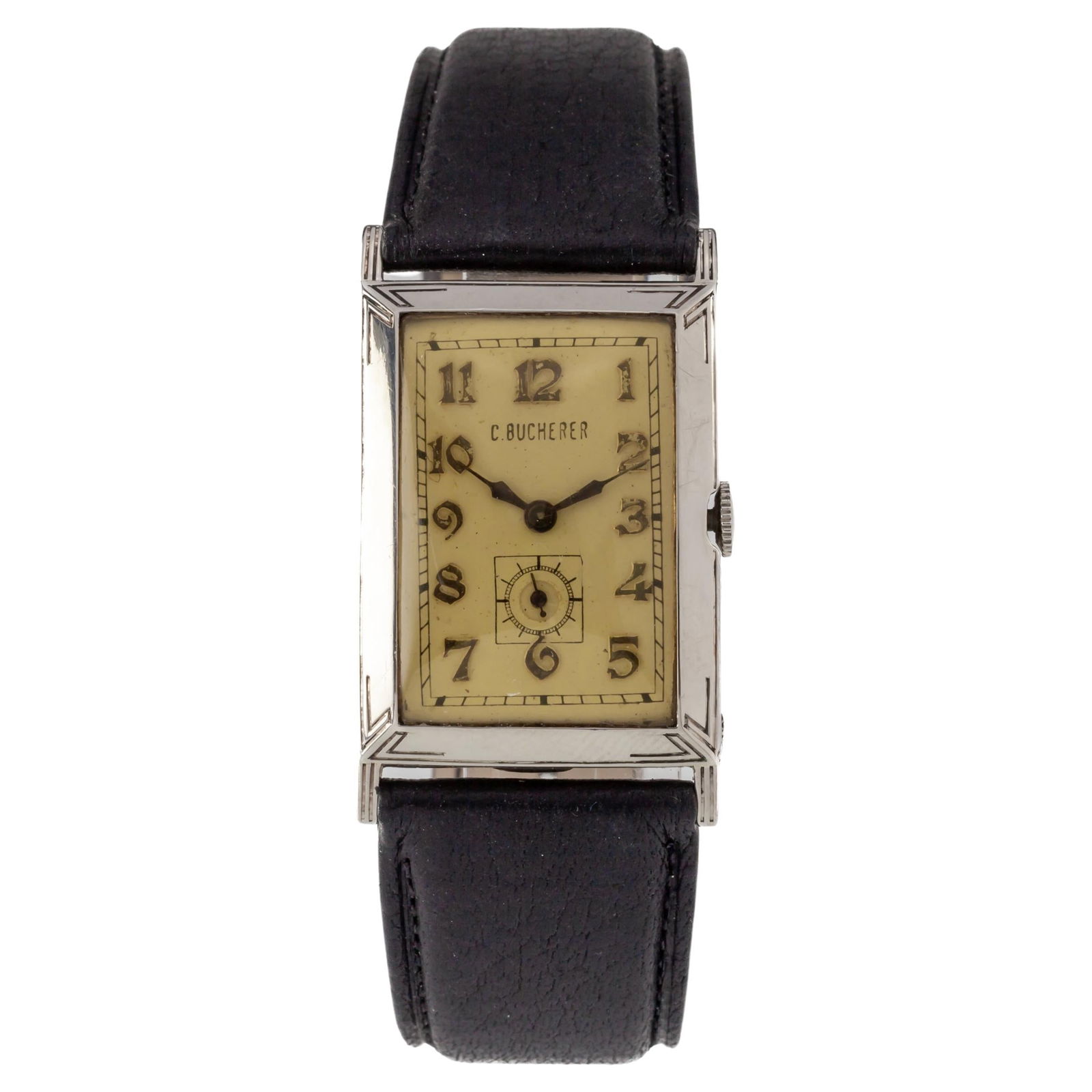 C. Bucherer 14k White Gold Antique Art Deco Hand-Winding Watch ETA 500: C. Bucherer 14k White Gold Antique Art Deco Hand-Winding Watch ETA 500 Brand: Carl F. Bucherer Case Material: 14k Gold, White Gold Weight: 24.8 g Strap Material: Leather Case Shape: Rectangle Move