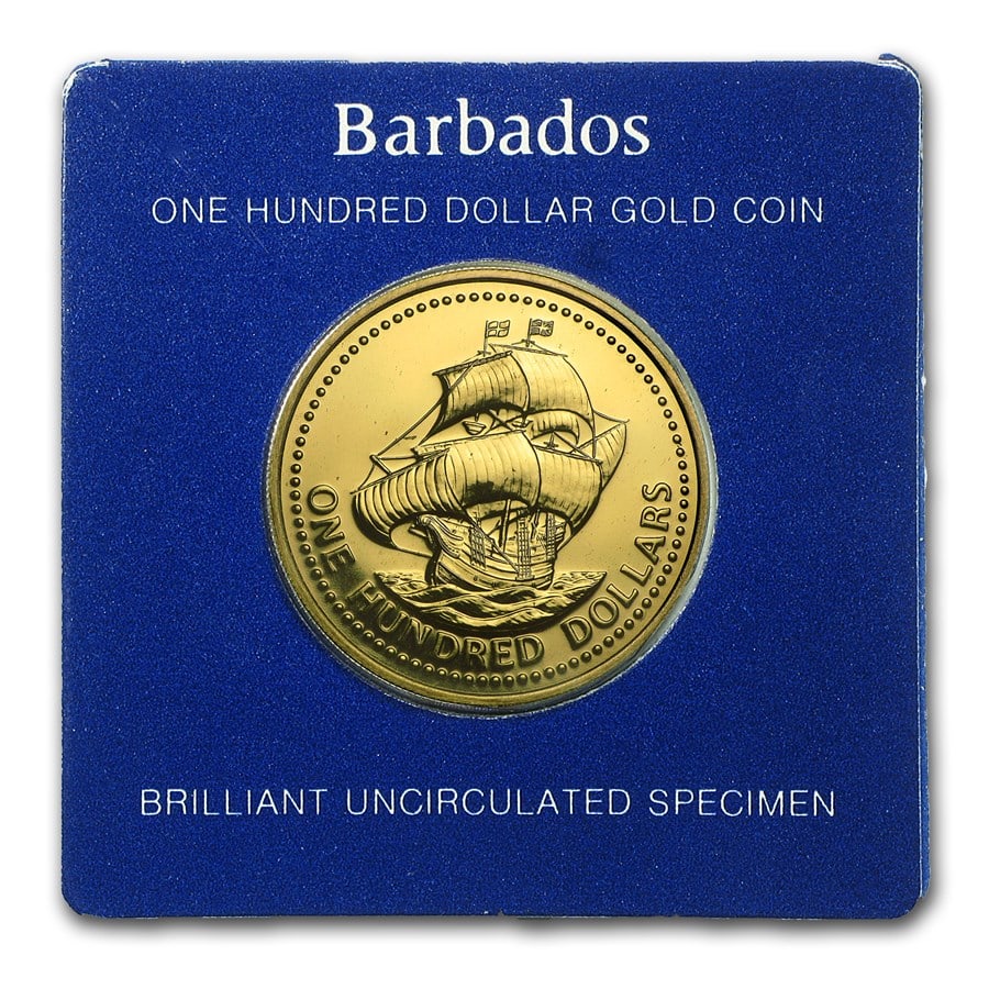 1975 Barbados Gold $100 350th Anniversary: 1975 Barbados Gold $100 350th Anniversary BU Product ID: 14245 Year: 1975 Grade: BU &/or Proof Grade Service: None Denomination: 100 Dollars Mint Mark: Not Shown Metal Content: 0.0998 tro