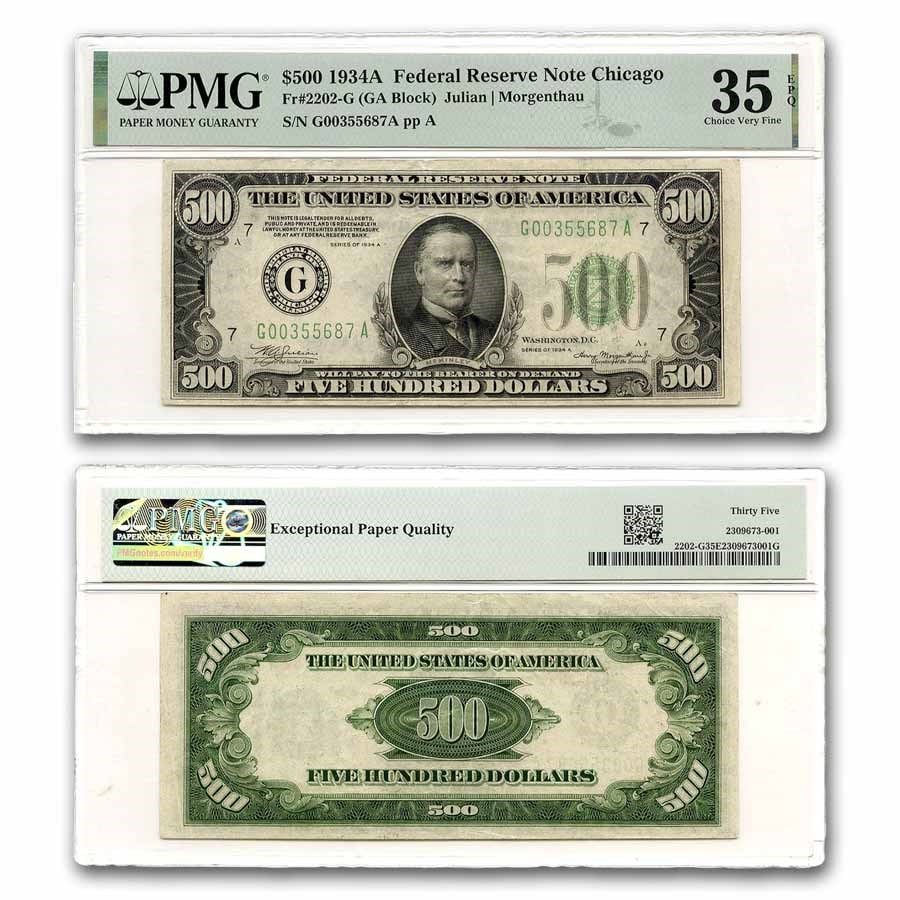 1934-A (G-Chicago) $500 FRN VF-35 EPQ PMG (Fr#2202-G): 1934-A (G-Chicago) $500 FRN VF-35 EPQ PMG (Fr#2202-G) SKU no: RBJ230572 Year: 1934 Grade: Very Fine - 35 Grade Service: PMG Denomination: 500 Dollars Mint Mark: G - Chicago Metal Content: