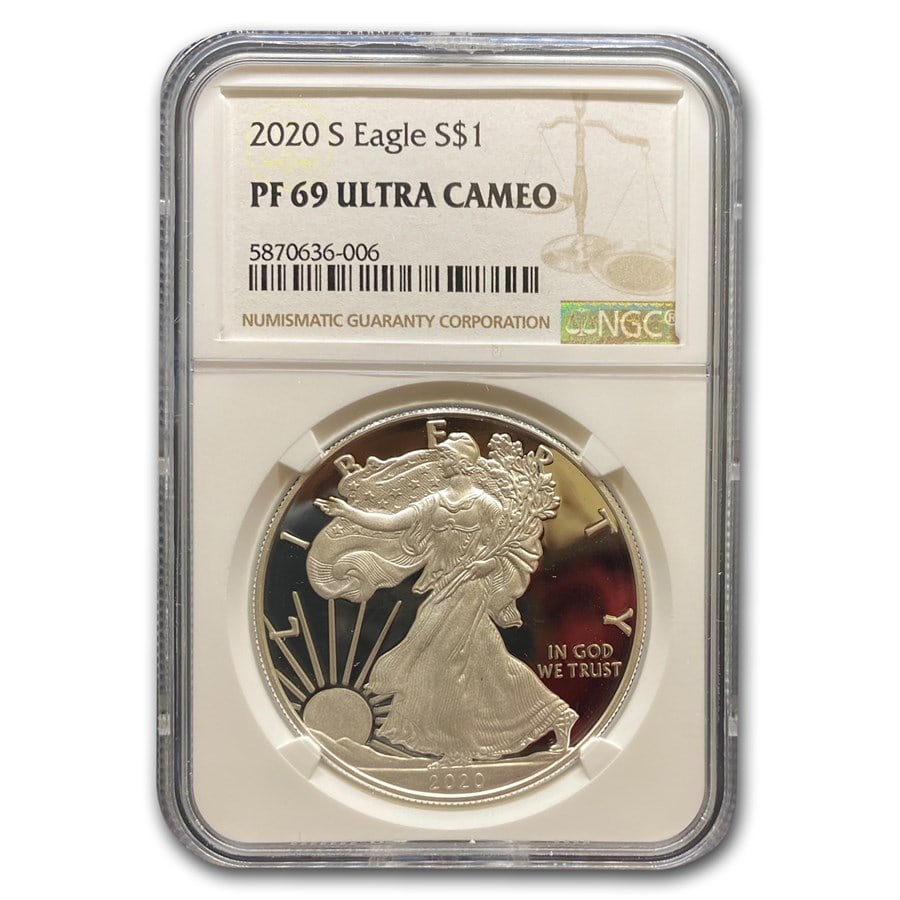 2020-S Proof American Silver Eagle PF-69 NGC: 2020-S Proof American Silver Eagle PF-69 NGC SKU no: RBJ229756 Year: 2020 Grade Service: NGC Denomination: 1 Dollar Metal Content: 1 troy oz Purity: .999 Thickness: 2.98 mm Diame
