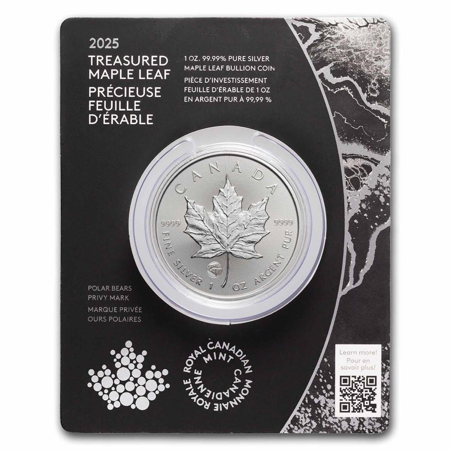 2025 RCM $5 1 oz Silver Treasured Silver Maple Polar Bear Privy: 2025 RCM $5 1 oz Silver Treasured Silver Maple Polar Bear Privy SKU no: RBJ303938 Year: 2025 Grade: Brilliant Unc Grade Service: Assay Card Denomination: 5 Dollars Mint Mark: RCM (Not Shown) <