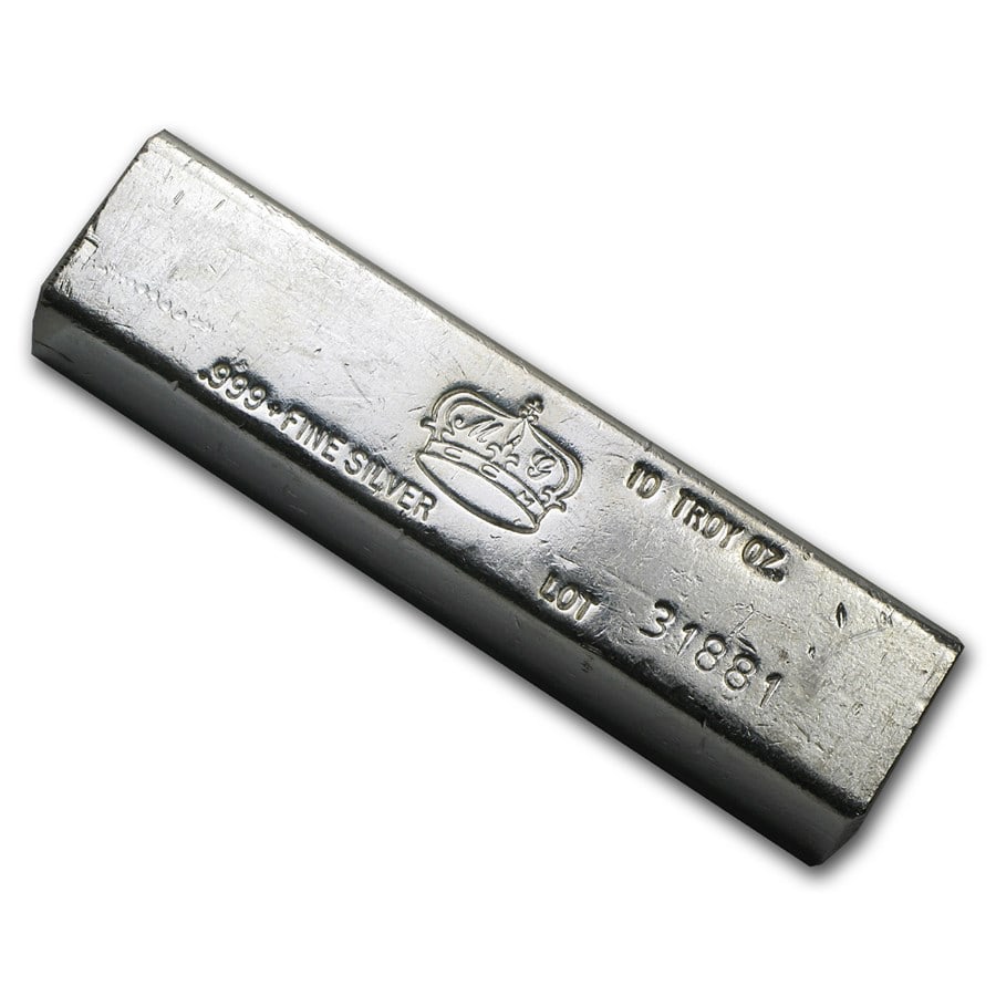10 oz Silver Bar - MG Crown: 10 oz Silver Bar - MG Crown SKU no: RBJ35353 Year: N/A Grade: None Grade Service: None Mint Mark: N/A - Not Available Metal Content: 10 troy oz Purity: .999 Diameter: N/A mm <