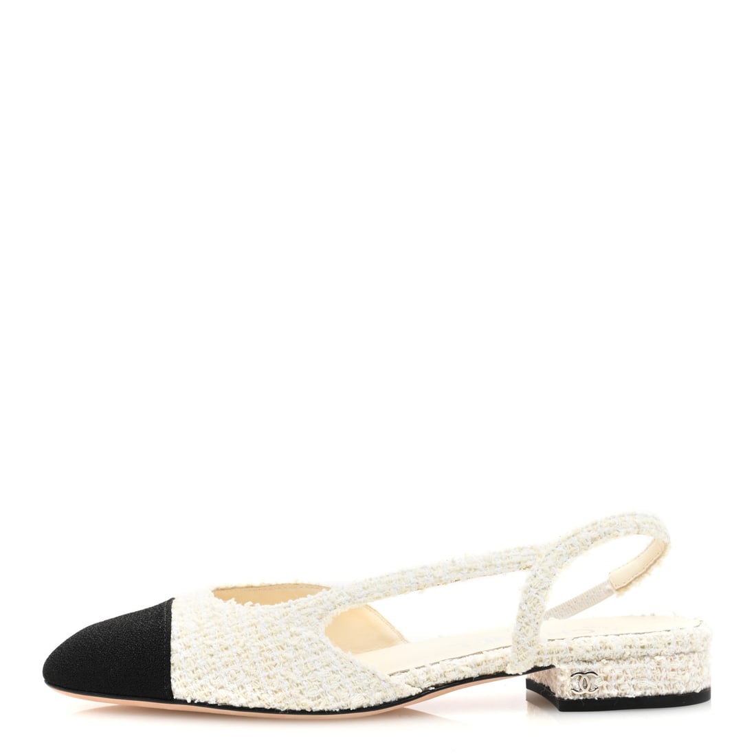 Chanel Tweed Cap Toe CC Slingback: Chanel Tweed Cap Toe CC Slingback Flat 37.5 White Black Brand: CHANEL Condition: Shows Wear Condition Details: Other: Sticker residue,Box, Two dust bags Size: 37.5 EU Heel: 1.25 in SKU no: RBJ1543