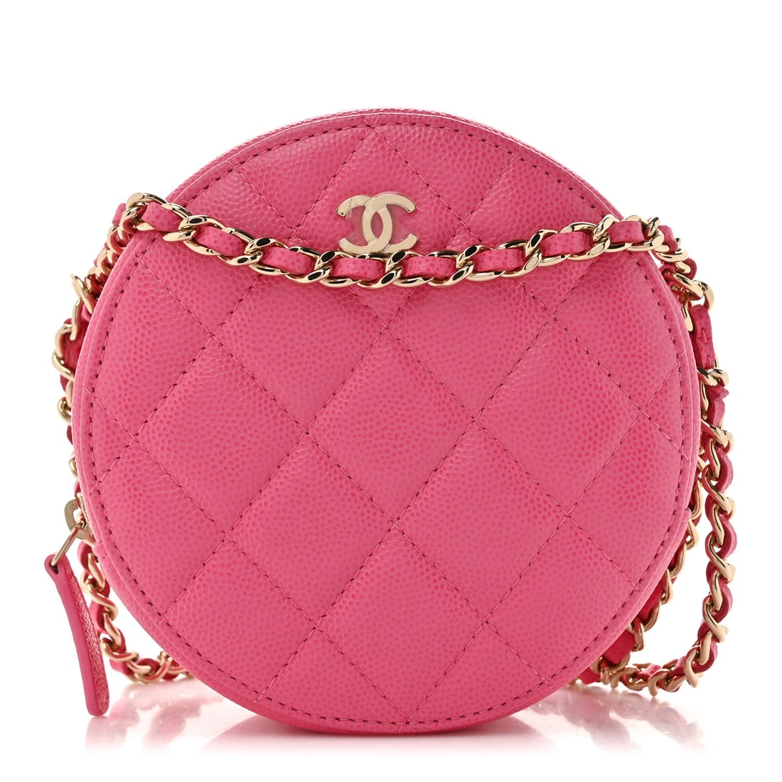 Chanel Caviar Quilted Round Clutch With Chain Pink: Chanel Caviar Quilted Round Clutch With Chain Pink Brand: CHANEL Condition: Excellent Condition Details: Hardware: Plating wear, faint scratch(es), Interior: Marks, Base length: 4.75 in Height: 4.75 i