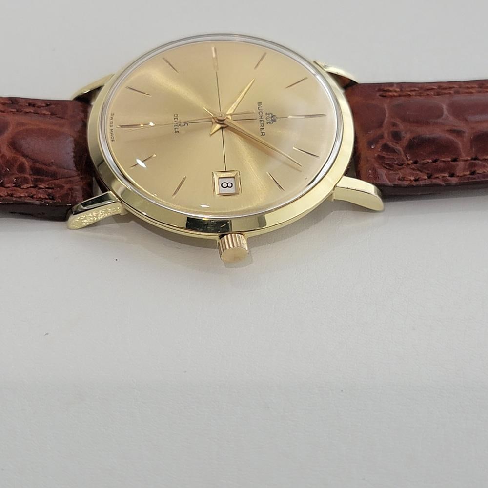 Mens Bucherer 18k Solid Gold Date Automatic Dress Watch 1970s Vintage RA452: Mens Bucherer 18k Solid Gold Date Automatic Dress Watch 1970s Vintage RA452 Brand: Bucherer Case Material: 18k Gold Movement: Automatic Case Dimensions: Width: 1.34 in (34 mm) Place of Origin: Switzer