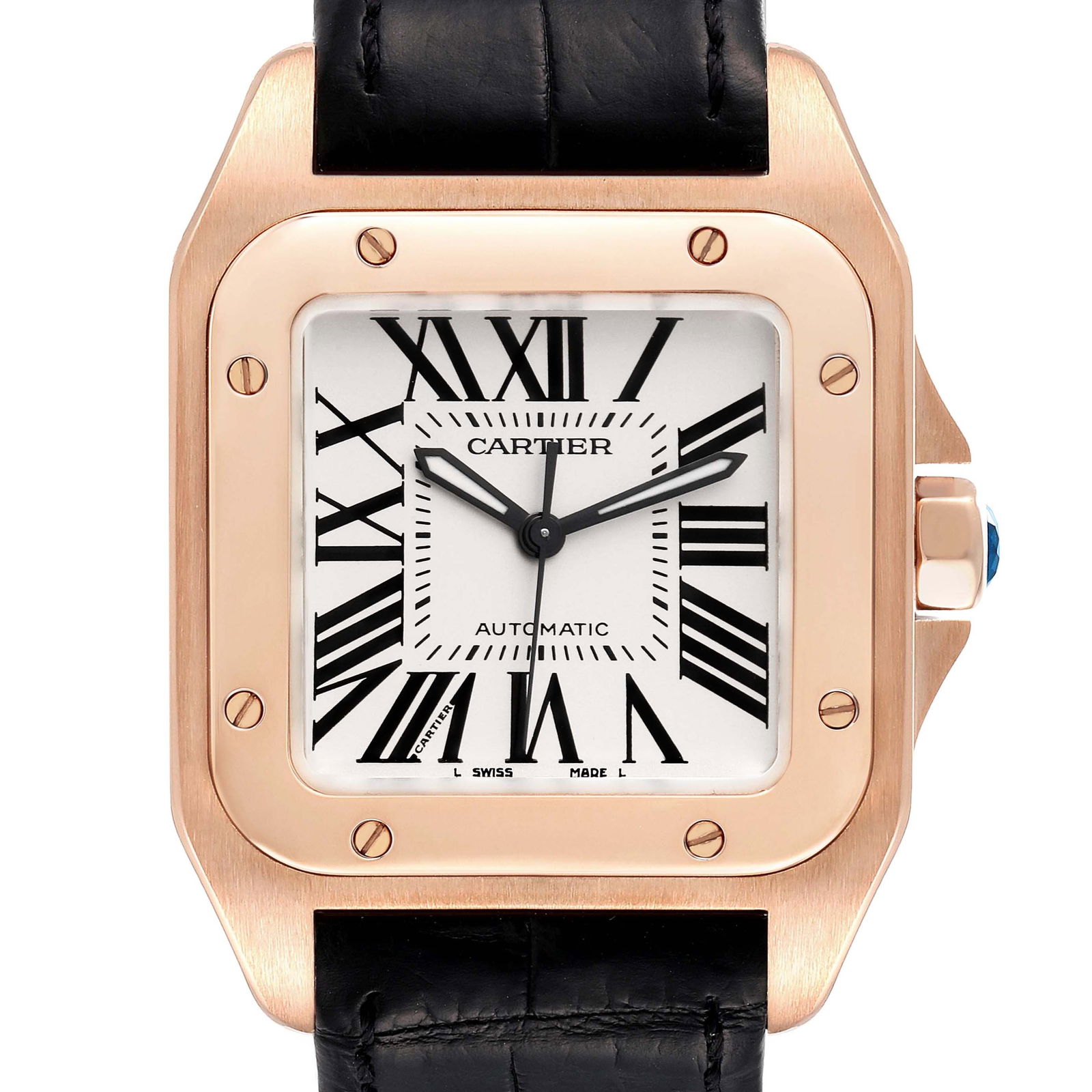 Cartier Santos 100 Midsize Rose Gold Silver Dial Mens Watch W20108Y1 Box Card: Cartier Santos 100 Midsize Rose Gold Silver Dial Mens Watch W20108Y1 Box Card SKU no: RBJ45843 Brand: Cartier Model Name: Cartier Santos 100 Midsize Rose Gold Silver Dial Mens Watch W20108Y1 Box Card