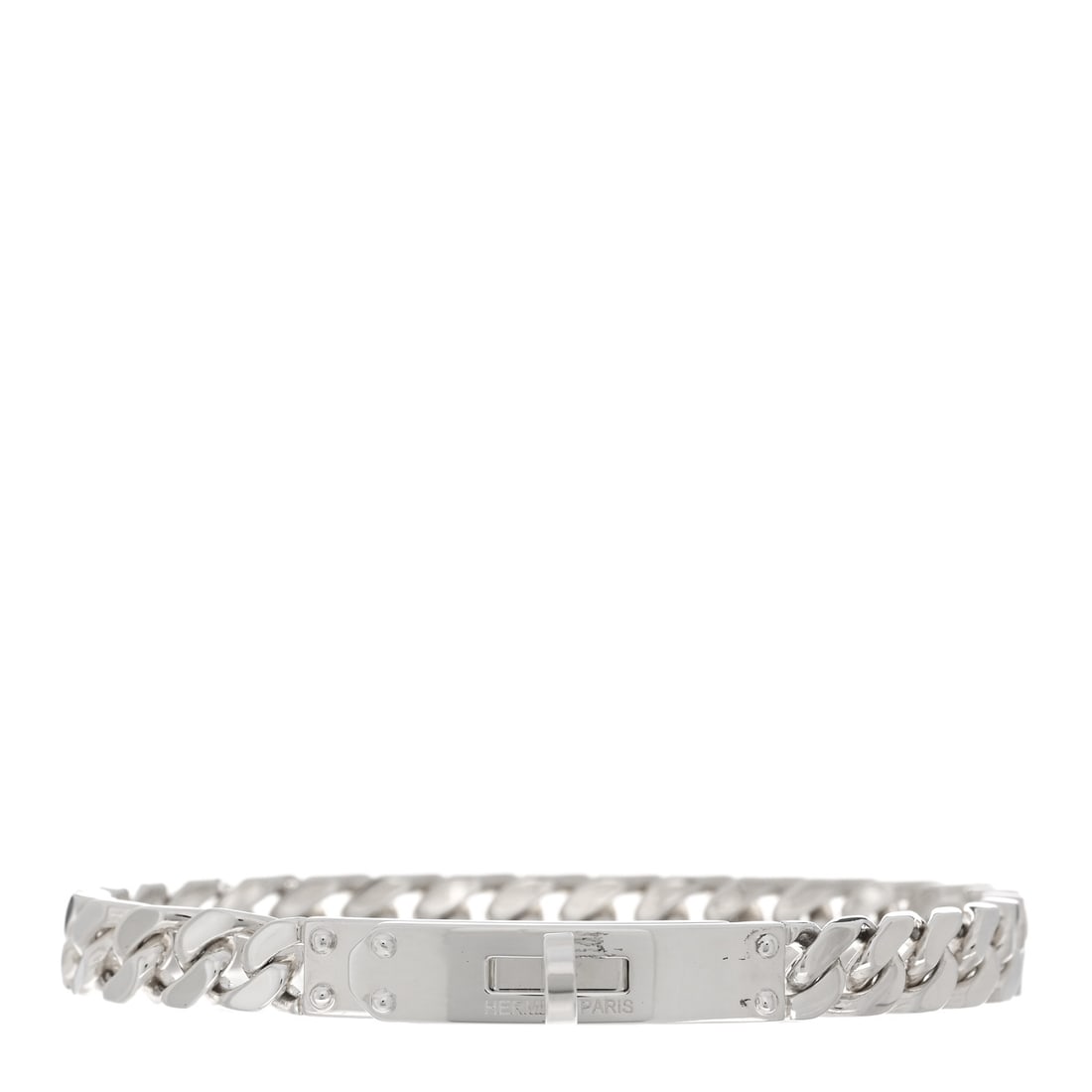 Hermes Sterling Silver TPM Kelly Gourmette Bracelet SH: Hermes Sterling Silver TPM Kelly Gourmette Bracelet SH Brand: HERMES Condition: Shows Wear Condition Details: Hardware: Scratch(es), Indentation(s), , Case, Due to grading limitations imposed by mount