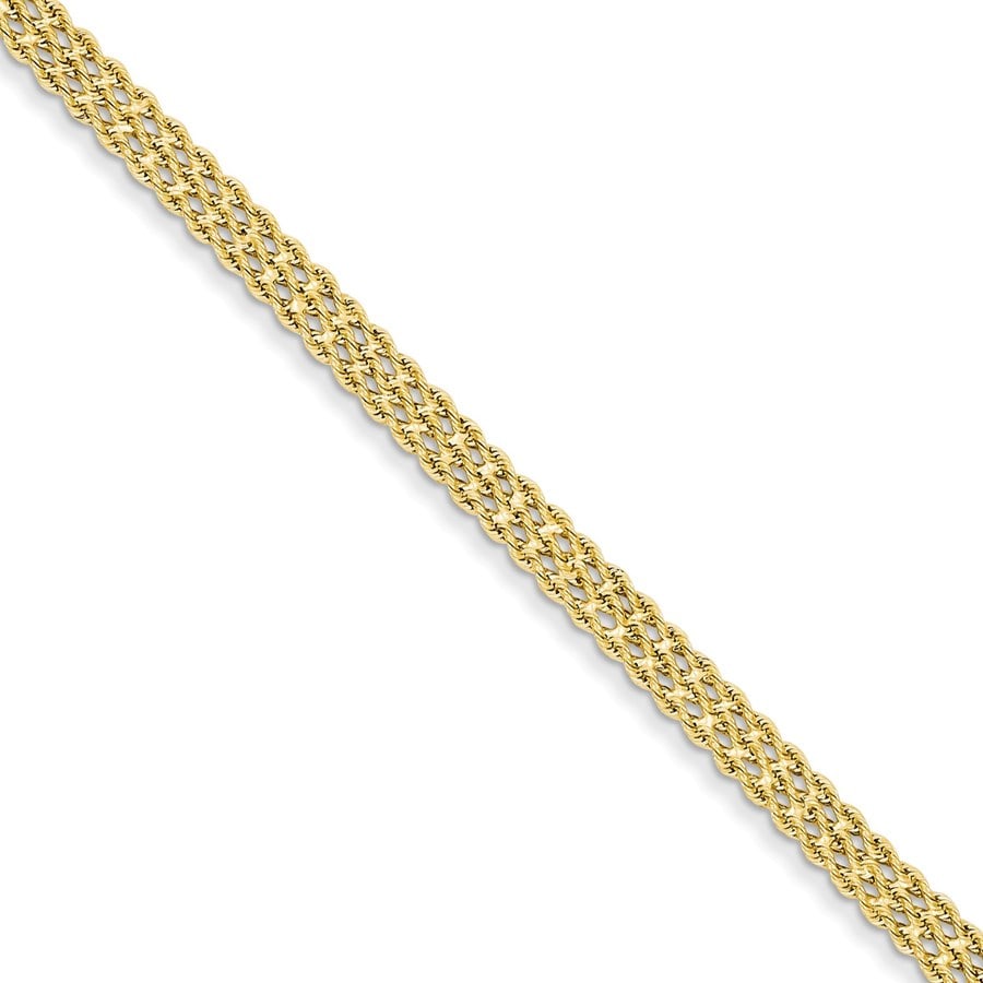 14k Solid Gold 4.5 mm Wide Triple Strand Rope Bracelet (8 in.): 14k Solid Gold 4.5 mm Wide Triple Strand Rope Bracelet (8 in.) SKU no: RBJ118424 Metal: Gold Purity: 14k Chain Type: Rope Chain Length: 8 in Chain Width: 4.5 mm Clasp/Connector: Lobster