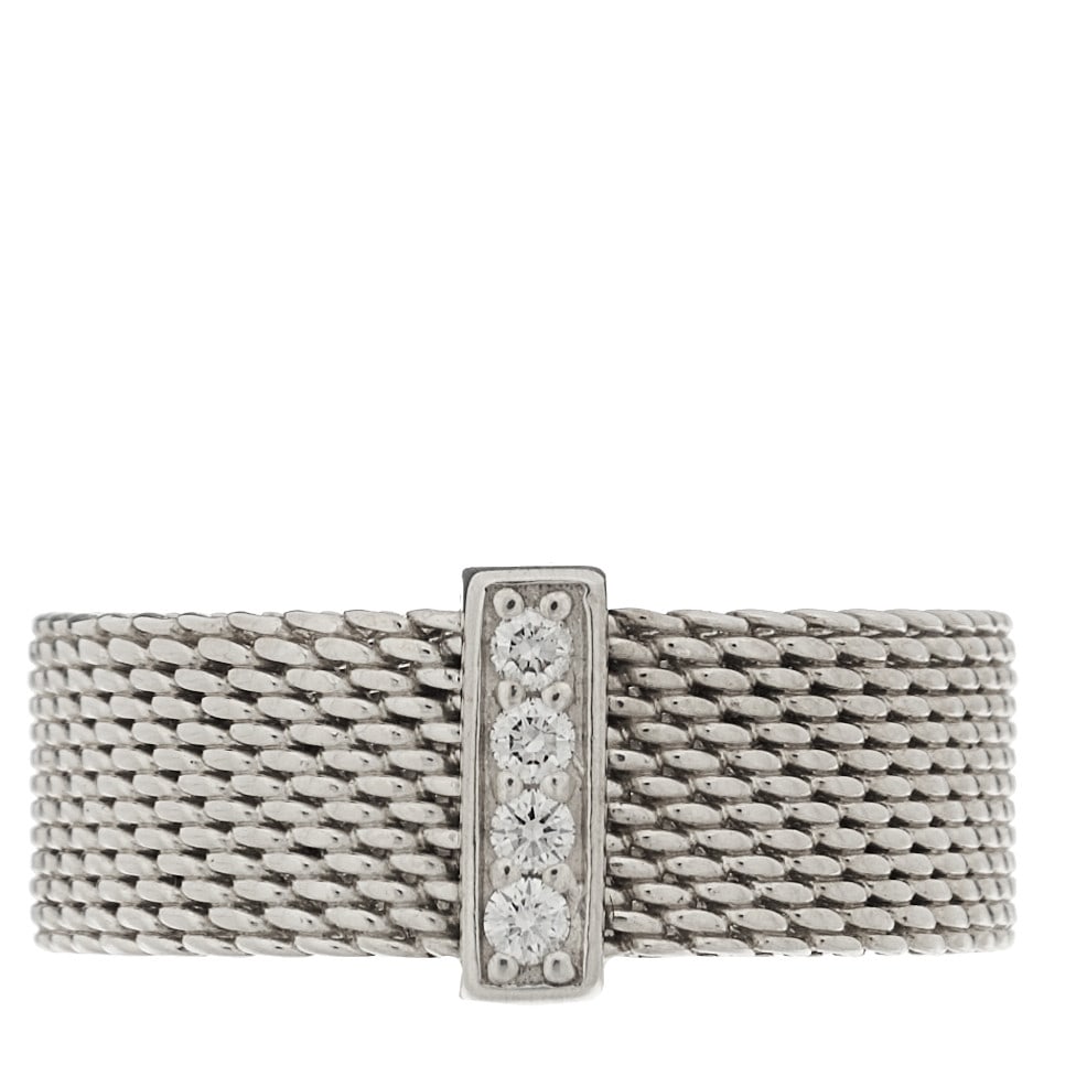 Tiffany Sterling Silver Diamond Somerset Mesh Ring 52 6: Tiffany Sterling Silver Diamond Somerset Mesh Ring 52 6 Brand: TIFFANY Condition: Shows Wear Condition Details: Hardware: Tarnished, faint scratch(es), , Due to grading limitations imposed by mounted
