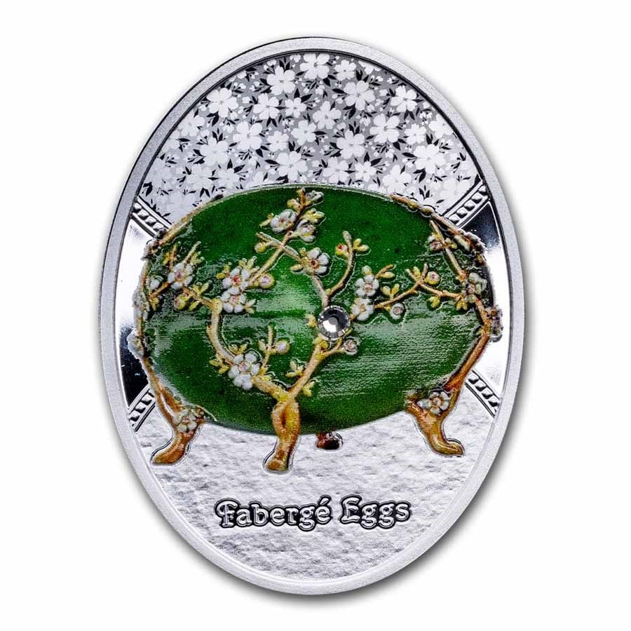 2024 Niue Silver Faberge Eggs: The Apple Blossom Egg: 2024 Niue Silver Faberge Eggs: The Apple Blossom Egg SKU no: RBJ299385 Year: 2024 Grade: Proof Grade Service: None Denomination: 1 Dollar Mint Mark: Not Shown Metal Content: 0.54 troy oz