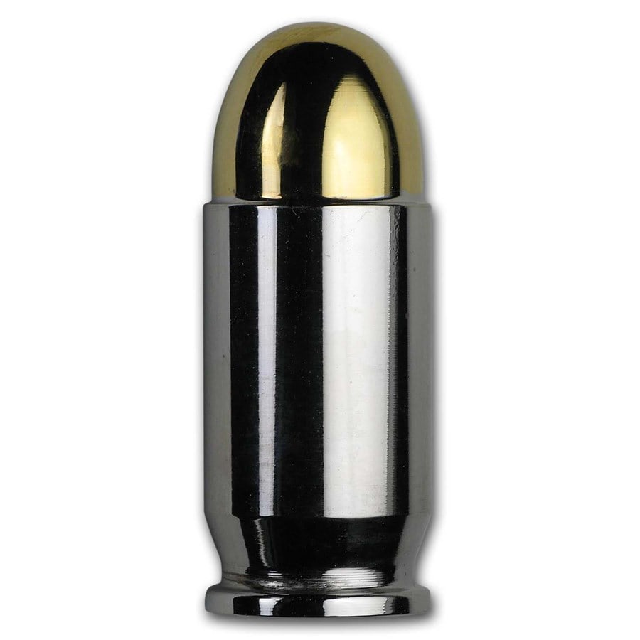 1 oz Silver Bullet - .45 Caliber ACP (Gold & Rhodium Gilded): 1 oz Silver Bullet - .45 Caliber ACP (Gold & Rhodium Gilded) SKU no: RBJ192806 Year: N/A Grade: None Grade Service: None Mint Mark: N/A - Not Available Metal Content: 1 troy oz Purity: .9
