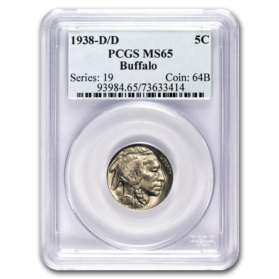 1938-D/D Buffalo Nickel MS-65 PCGS: 1938-D/D Buffalo Nickel MS-65 PCGS SKU no: RBJ19102 Year: 1938 Grade Service: PCGS Denomination: $0.05 Metal Content: 0 troy oz Purity: N/A Thickness: 1.95 mm Diameter: 21.2 mm