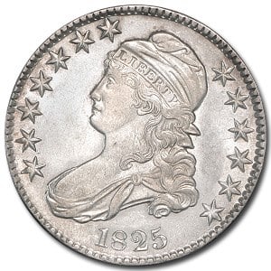 1825 Bust Half Dollar AU: 1825 Bust Half Dollar AU SKU no: RBJ36192 Year: 1825 Grade: Almost Unc Grade Service: None Denomination: $0.50 Mint Mark: P - Philadelphia (Not Shown) Metal Content: 0.3868 troy oz