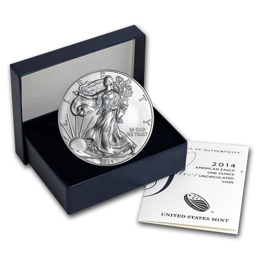 2014-W Burnished American Silver Eagle (w/Box & COA): 2014-W Burnished American Silver Eagle (w/Box & COA) SKU no: RBJ81641 Year: 2014 Grade: Brilliant Unc Grade Service: None Denomination: $1.00 Mint Mark: W - West Point Metal Content: 1 tr