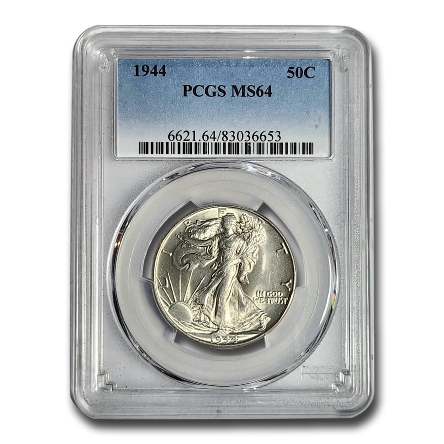 1944 Walking Liberty Half Dollar MS-64 PCGS: 1944 Walking Liberty Half Dollar MS-64 PCGS SKU no: RBJ25785 Year: 1944 Grade Service: PCGS Denomination: 50 Cents Metal Content: 0.3617 troy oz Purity: .900 Thickness: 2.15 mm D