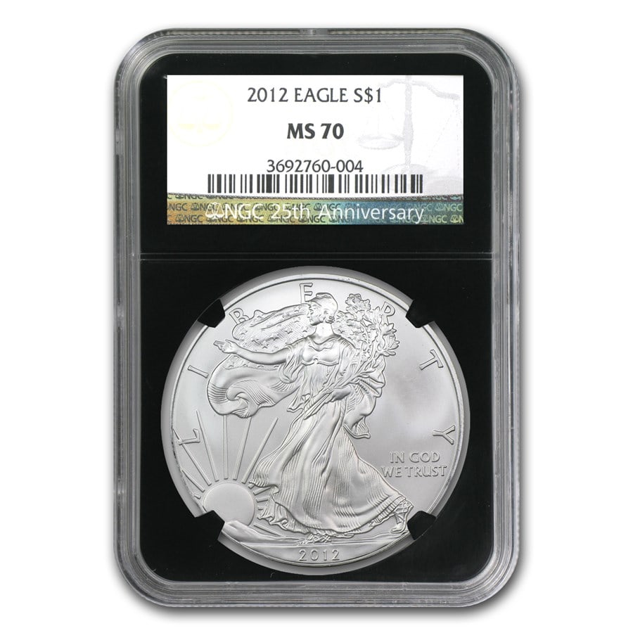 2012 American Silver Eagle MS-70 NGC (Retro Black Insert): 2012 American Silver Eagle MS-70 NGC (Retro Black Insert) SKU no: RBJ74243 Year: 2012 Grade Service: NGC Denomination: 1 Dollar Metal Content: 1 troy oz Purity: .999 Thickness: 2.98 mm