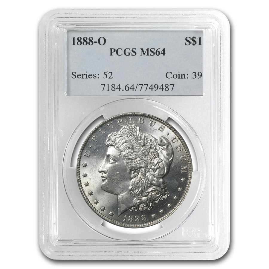 1888-O Morgan Dollar MS-64 PCGS: 1888-O Morgan Dollar MS-64 PCGS SKU no: RBJ11348 Year: 1888 Grade Service: PCGS Denomination: $1.00 Metal Content: 0.7734 troy oz Purity: .900 Thickness: 3.1 mm Diameter: 38.1 mm