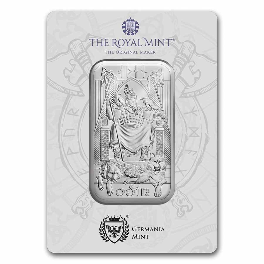 1 oz Silver Bar - The Royal Mint & Germania Mint Norse Gods: Odin: 1 oz Silver Bar - The Royal Mint & Germania Mint Norse Gods: Odin SKU no: RBJ307369 Grade: None Grade Service: Assay Card Mint Mark: Not Shown Metal Content: 1 troy oz Purity: .9999 Thick