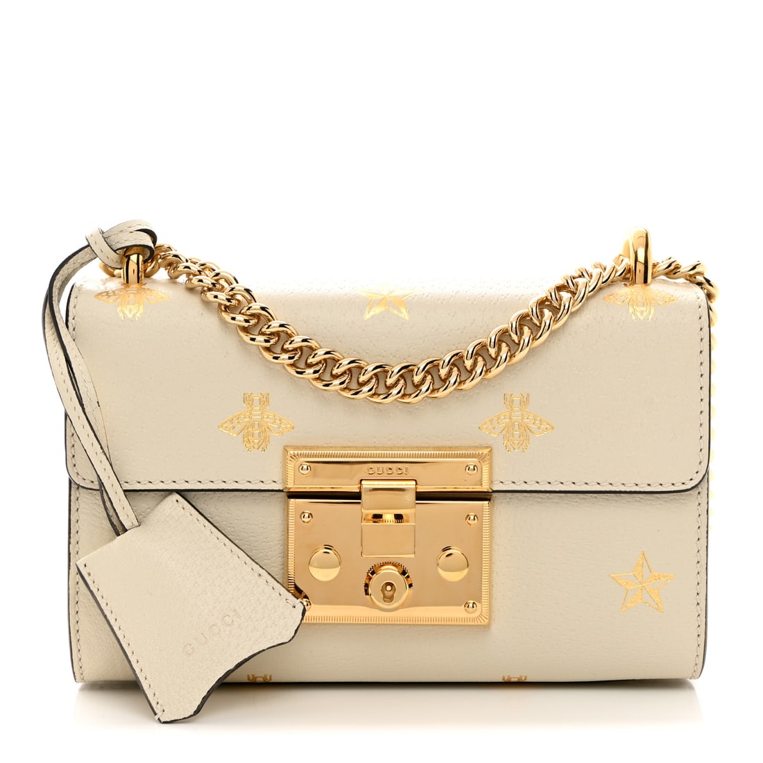 Gucci Grained Calfskin Bee Star Small Padlock Shoulder Bag White: Gucci Grained Calfskin Bee Star Small Padlock Shoulder Bag White Brand: GUCCI Condition: Excellent Condition Details: Exterior: Creases, Hardware: Faint scratch(es), , Clochette, 2 keys Length: 7.75 i