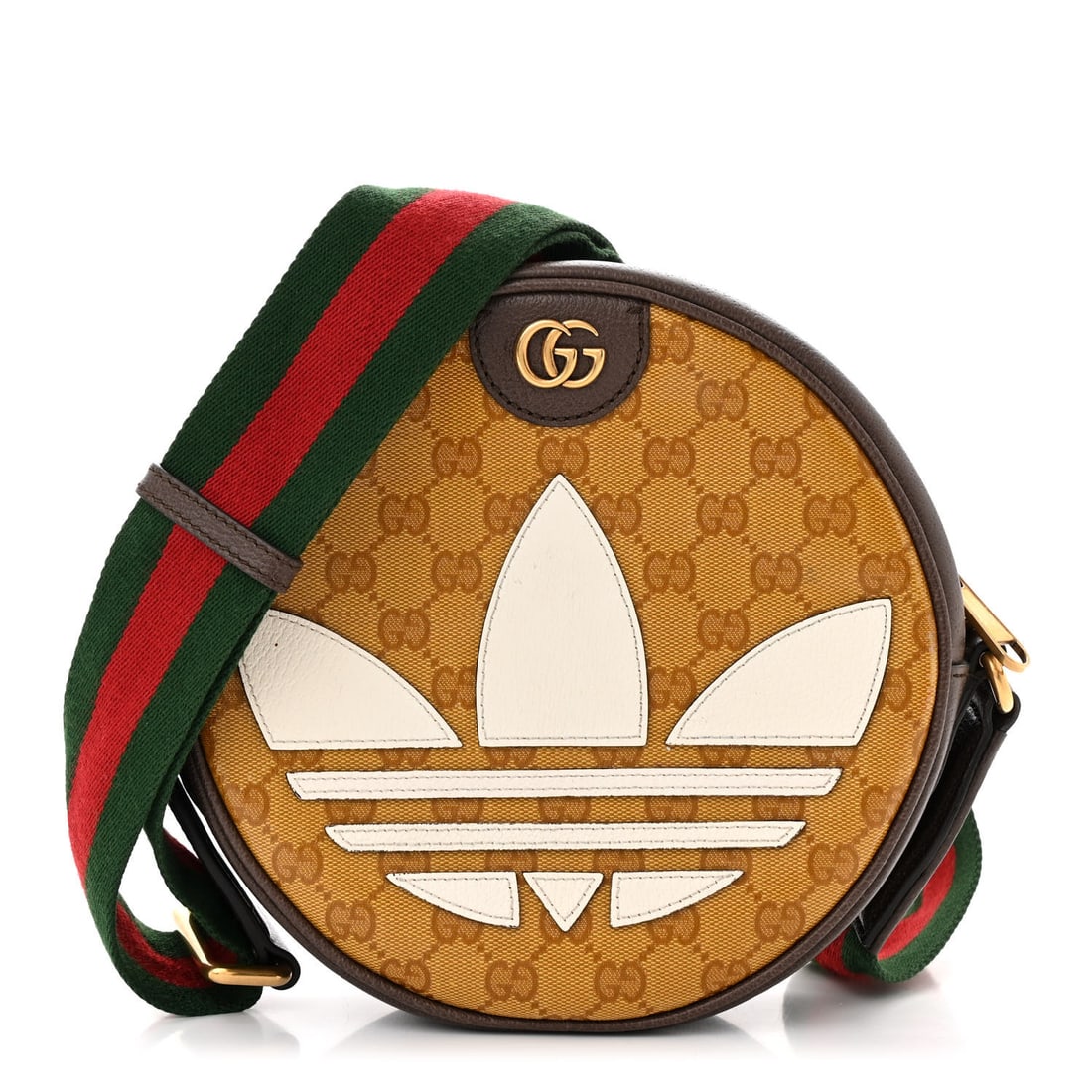 Gucci X ADIDAS Crystal Vintage Monogram Textured Dollar Calfskin Web Trefoil Small Ophidia Round: Gucci X ADIDAS Crystal Vintage Monogram Textured Dollar Calfskin Web Trefoil Small Ophidia Round Shoulder Bag Mid Natural Nut Off White New Acero Brand: GUCCI Condition: Shows Wear Condition Details:
