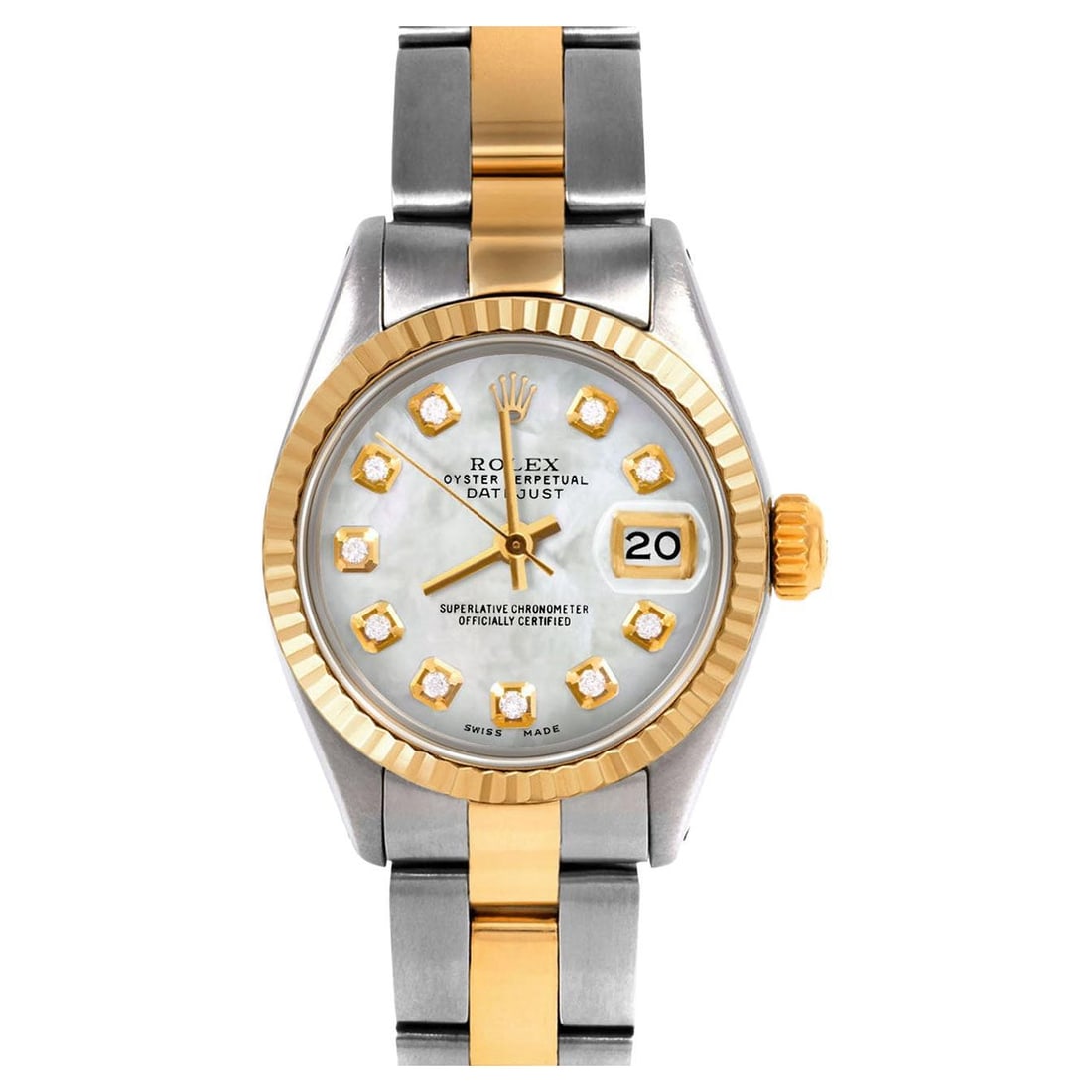 Rolex Ladies Two Tone Datejust MOP Diamond Dial Fluted Bezel Oyster Band Watch: Rolex Ladies Two Tone Datejust MOP Diamond Dial Fluted Bezel Oyster Band Watch Brand: Rolex Design: Lady Datejust WatchDatejust Collection Case Material: Stainless Steel Stone: Diamond Stone Cut: Bead