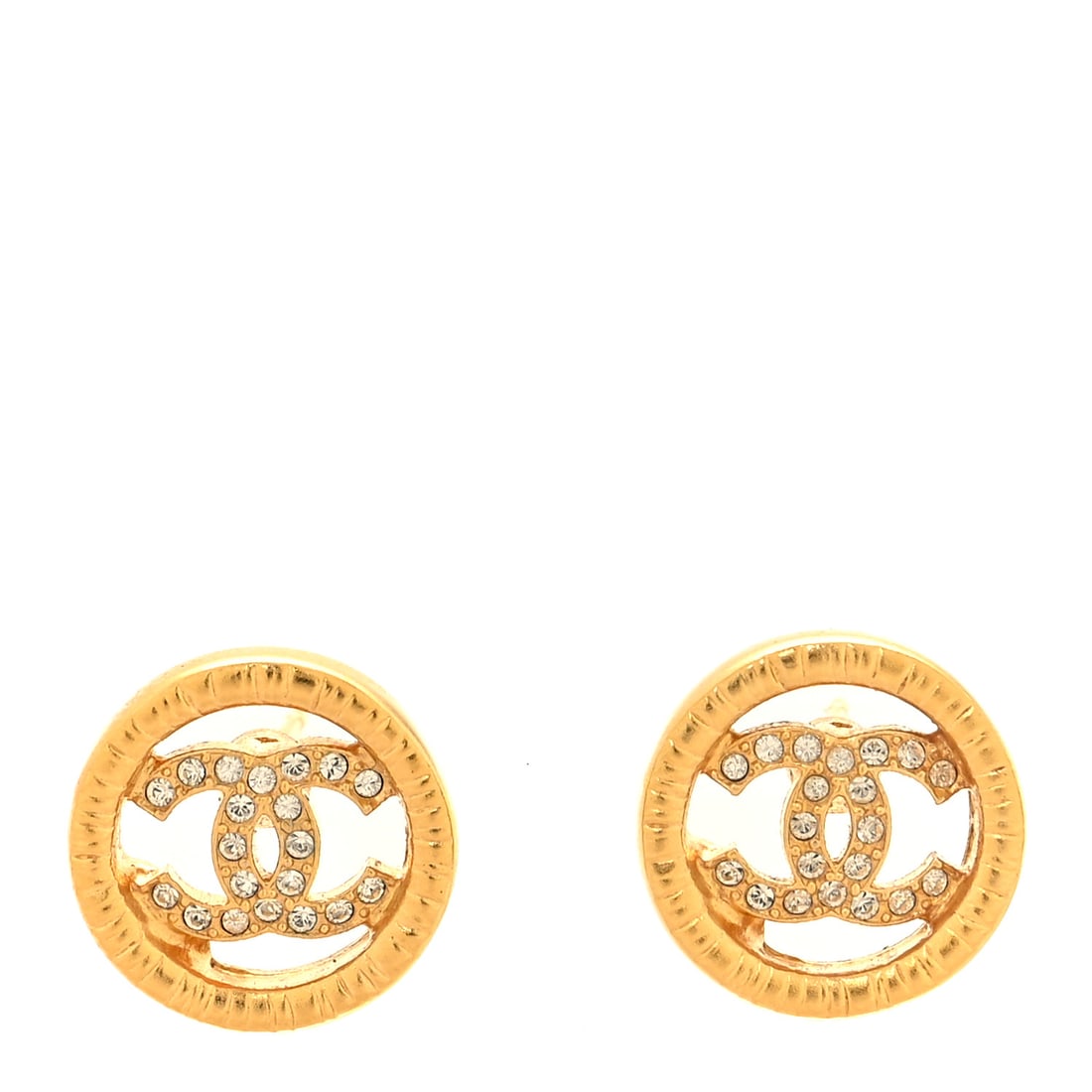 Chanel Metal Crystal Textured CC Round Earrings Gold