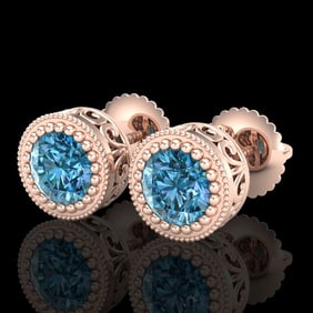1.09 ctw Fancy Intense Blue Diamond Art Deco Earrings 18k Rose Gold