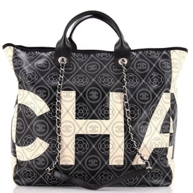 Chanel Logo Camellia Shopping Tote Printed Coated Canvas Medium