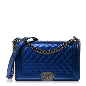 Chanel Metallic Patent Quilted New Medium Boy Flap Blue