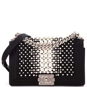 Chanel Boy Flap Bag Pearl Embellished Satin Old Medium
