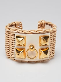 Hermes Leather and Straw Gold Plated Medor Picnic Cuff Bracelet