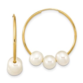 10K Yellow Gold White Pearl Hoop Dangle