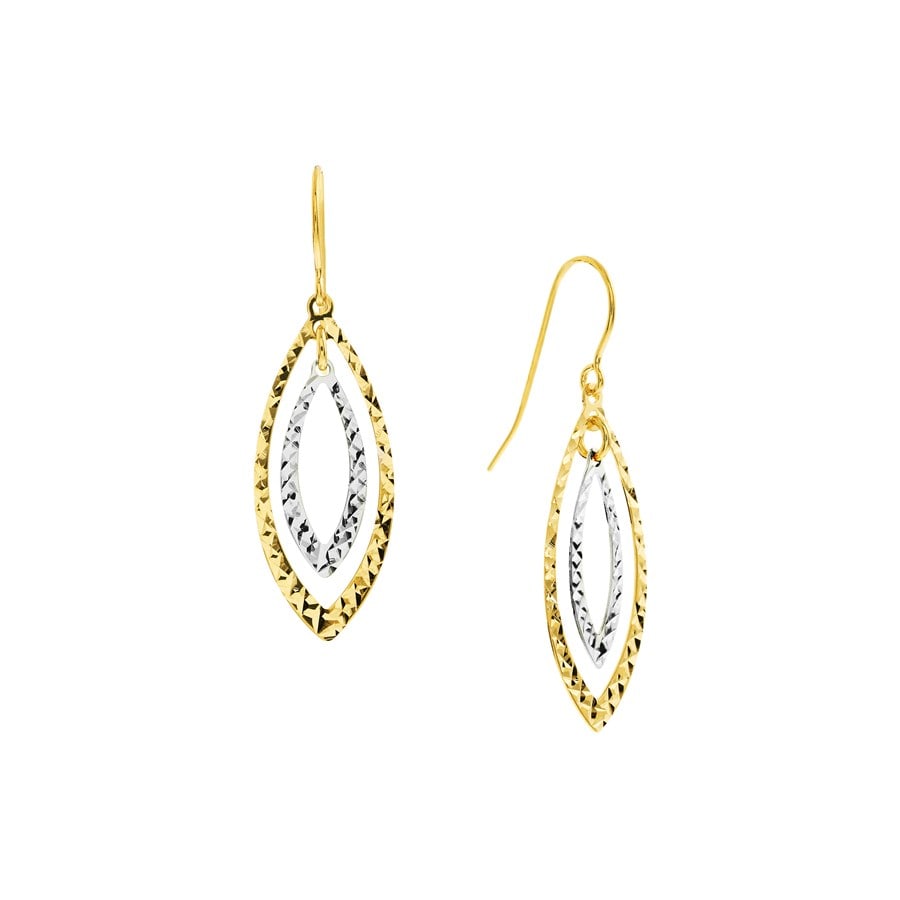14K Yellow-White Gold Dangle D/C Dbl Marquise Shape Earrings: 14K Yellow-White Gold Dangle D/C Dbl Marquise Shape Earrings SKU no: RBJ242903 Purity: 14K Finish: Polished Earring Closure: Fish hook Earring Type: Fancy Guidelines for Bidding We recomm