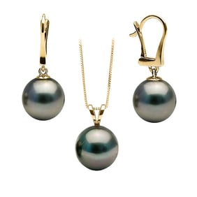 Black Tahitian Pearl Solitaire Pendant and Dangle Earring Set