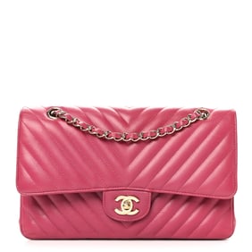 Chanel Lambskin Chevron Quilted Medium Double Flap Dark Pink